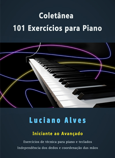 Capa do livro 101 Exercícios para Piano com teclado e faixas coloridas.