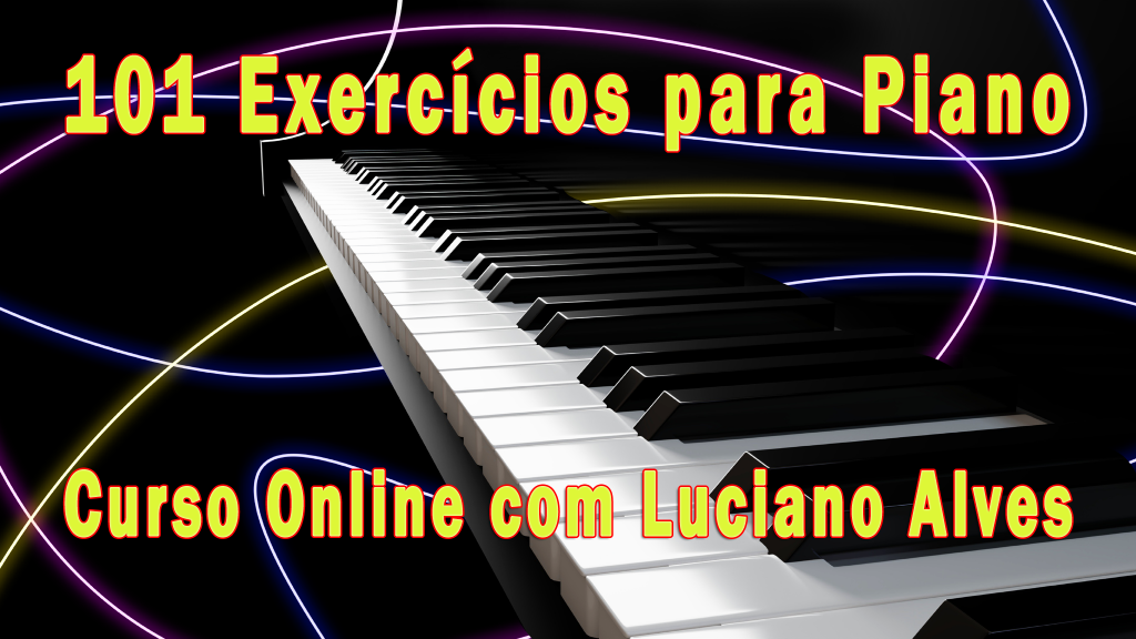 Teclado de piano com efeitos coloridos. Curso online 101 exercícios para piano - Luciano Alves