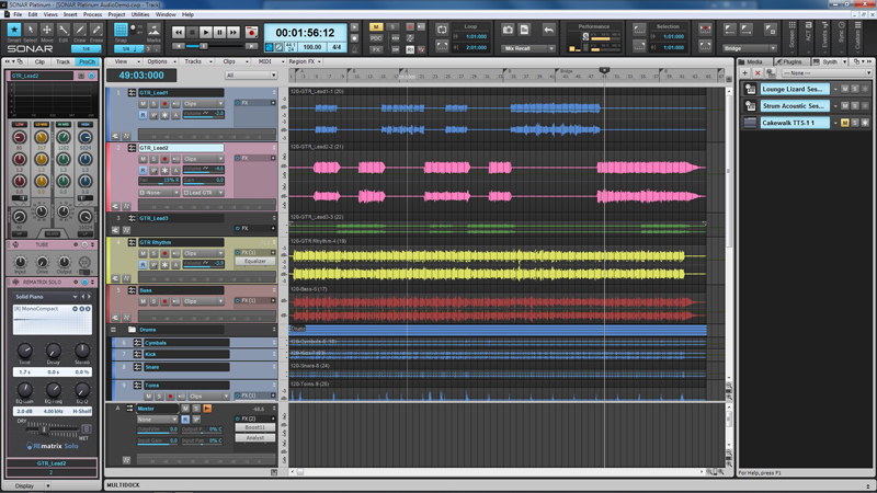 Painel do software de produção musical Sonar